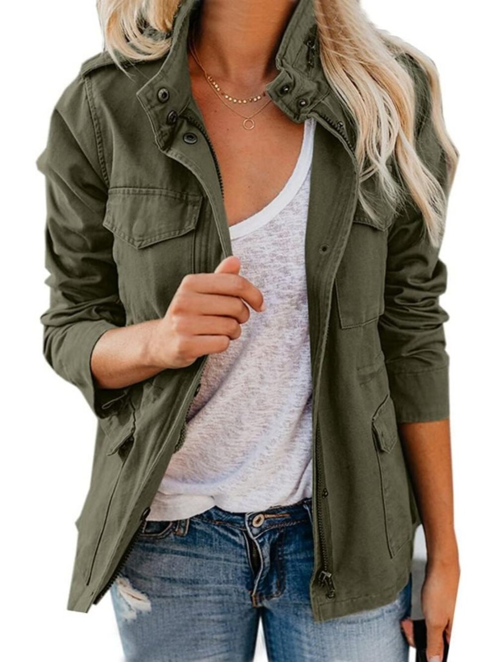 Chic Women's Fall Military Utility Safari Jacket with Stand Collar & Zip Up